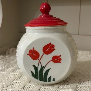 Vintage Fire King Tulip Grease Jar White Milk Glass with Red Lid